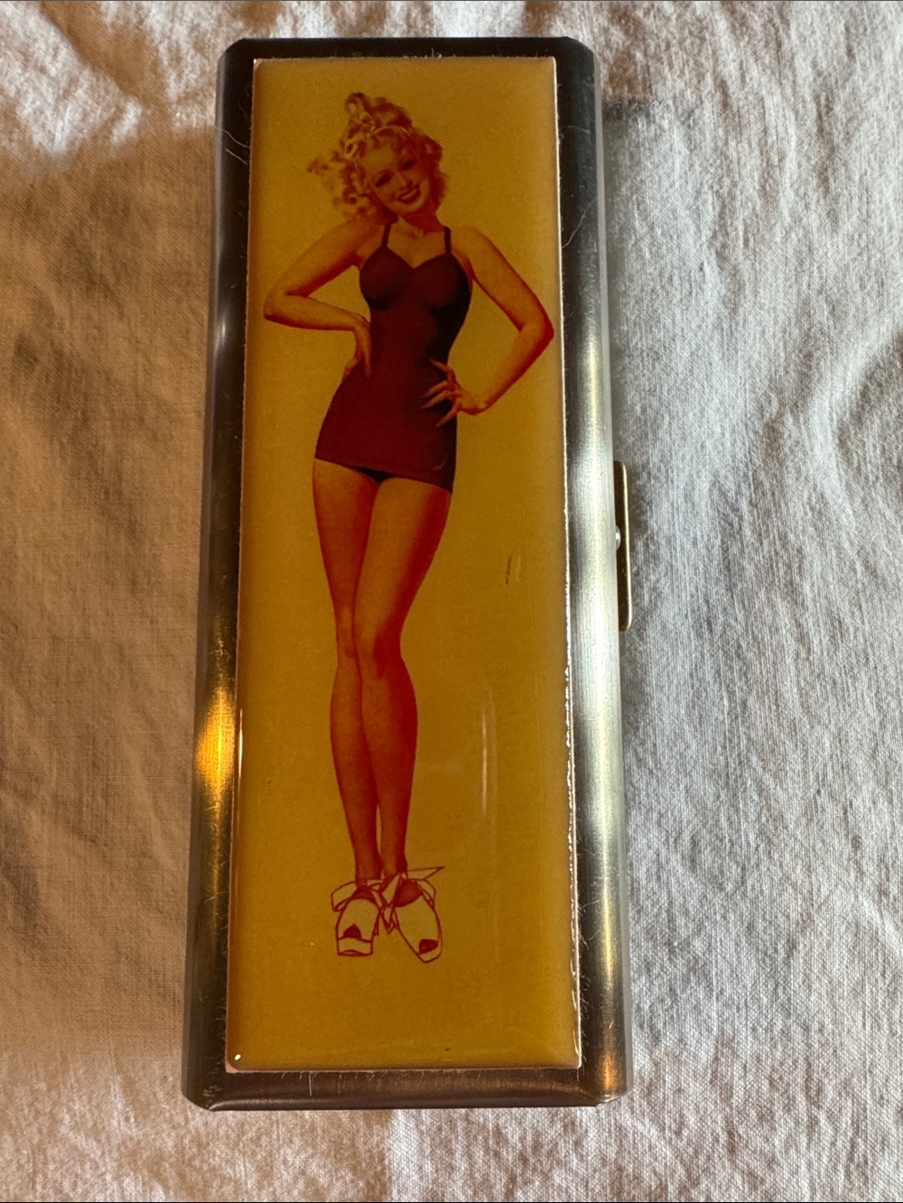 Vintage 1990s/Y2K "Custom" Brand Hard Metal Tampon Case/Retro George Petty PinUp